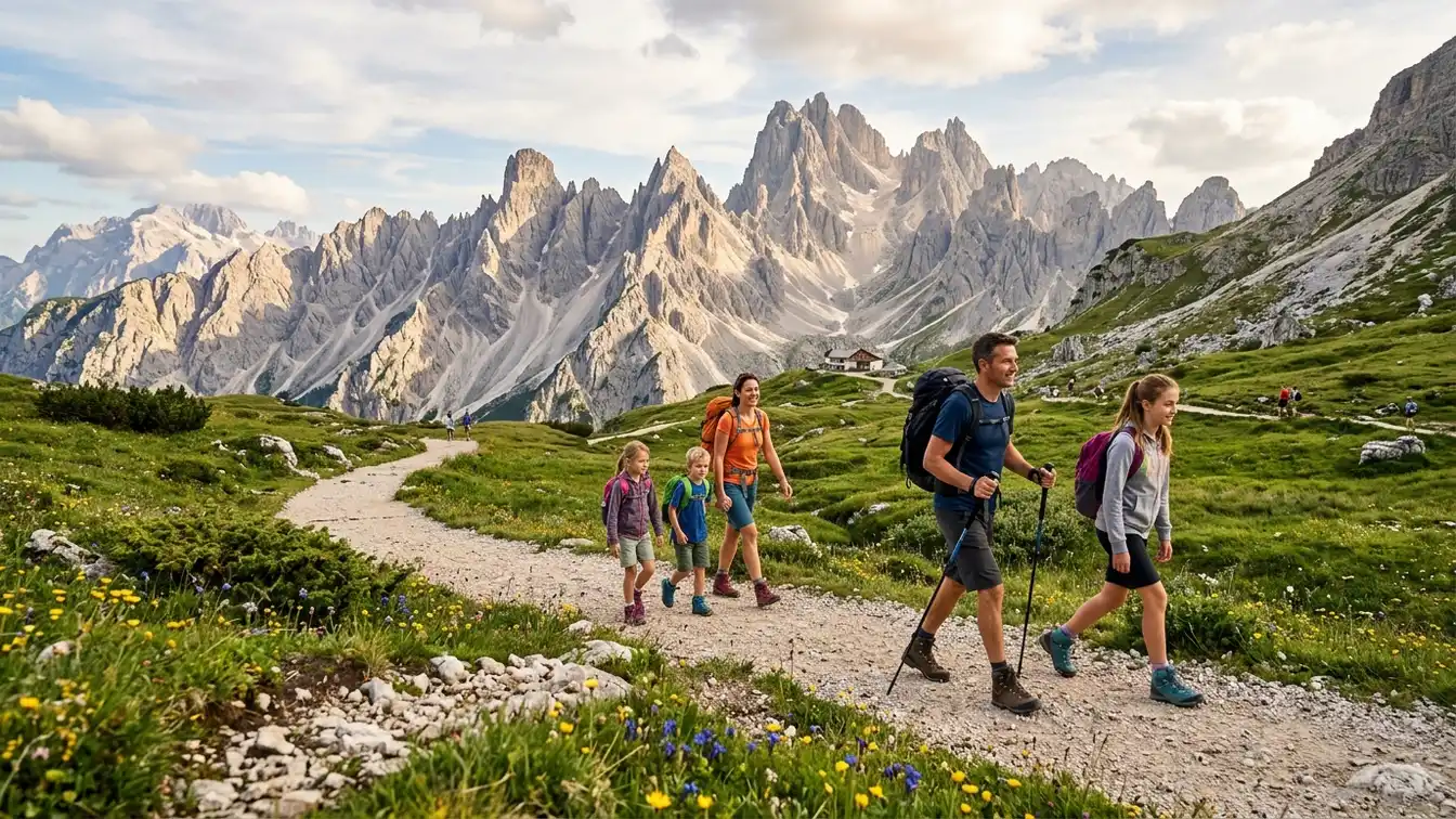 Hikers summer trail Italian Dolomites