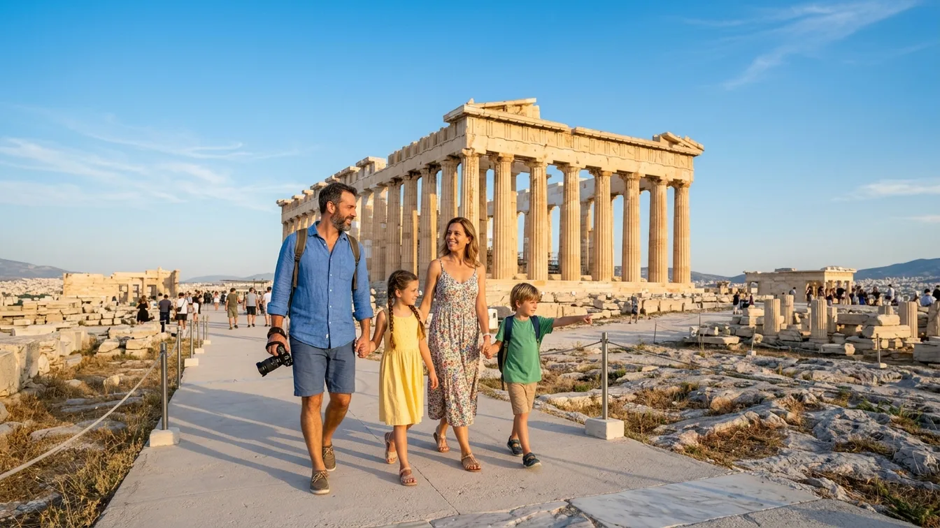 Family visiting Acropolis Athens Greece