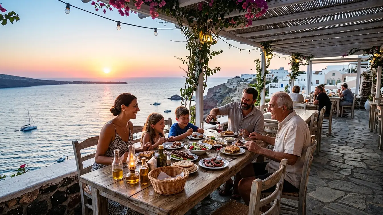 Family dinner traditional Greek taverna by sea