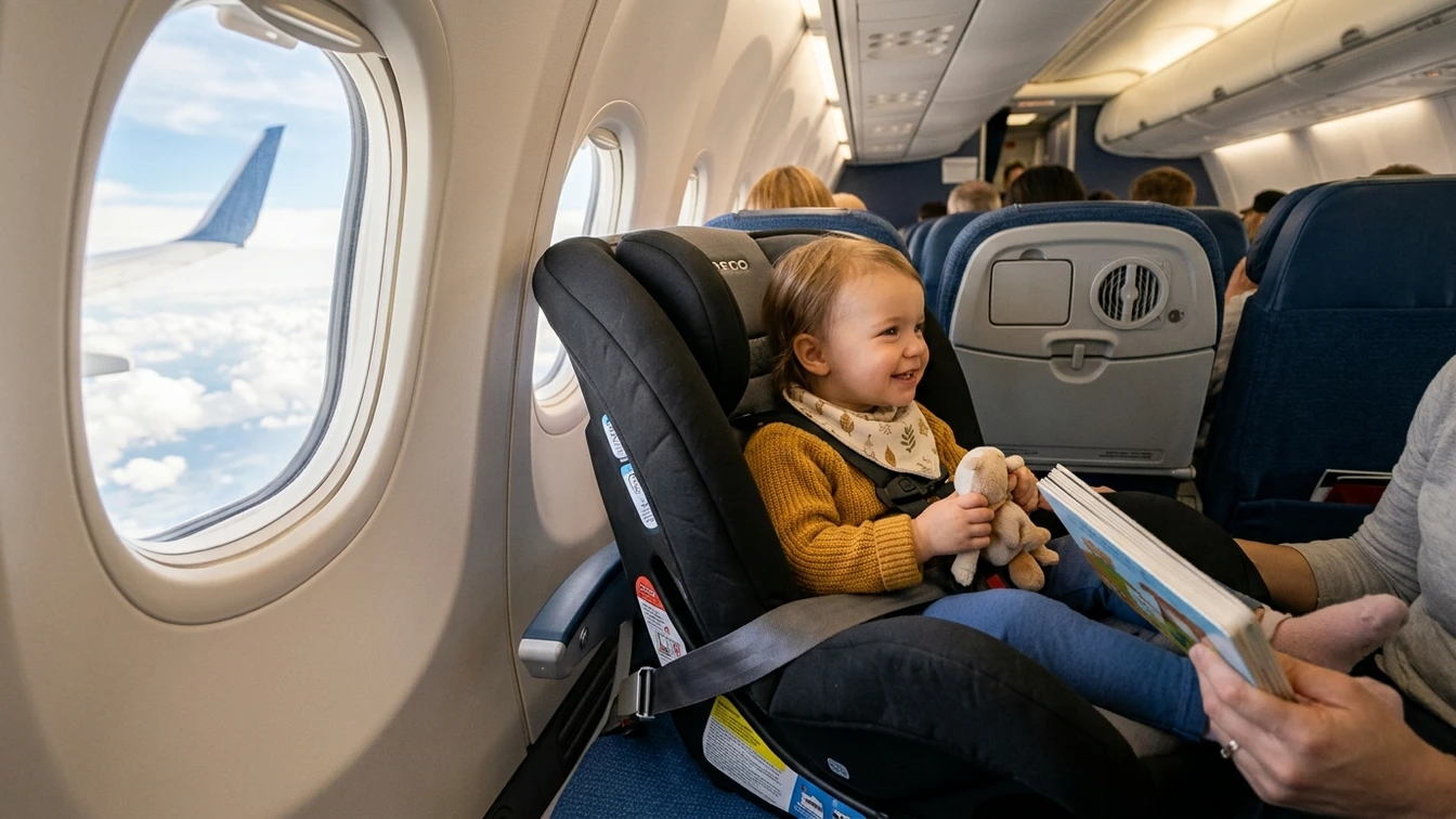 Child car seat installed on airplane