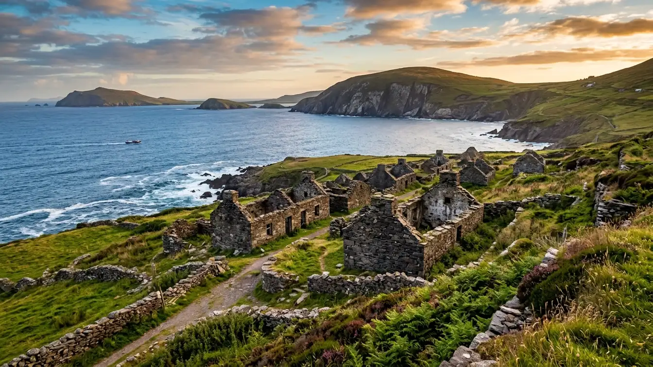 Stone ruins abandoned village Great Blasket Island