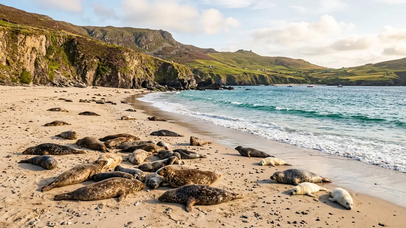 Wild grey seals sandy beach Great Blasket Island
