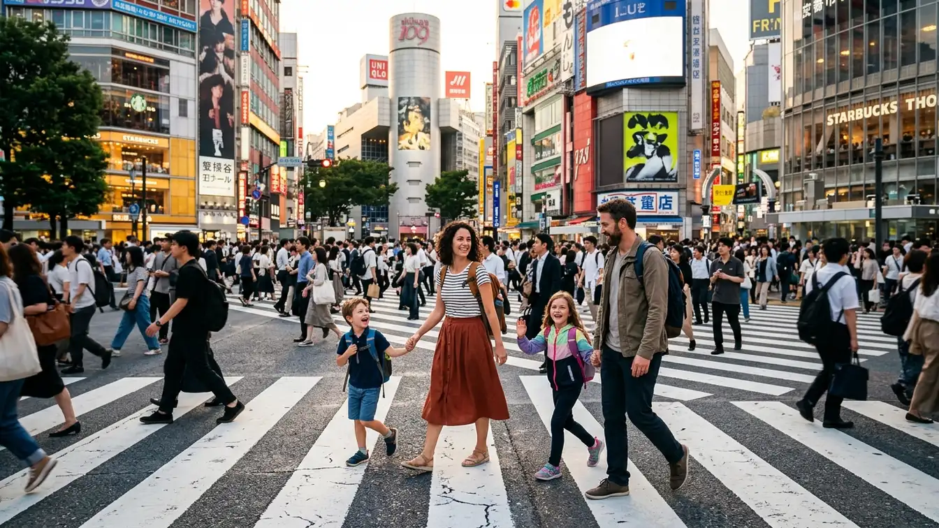 Family at Shibuya scramble crossing Tokyo