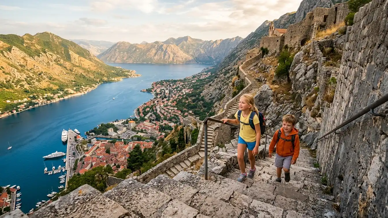 Kids climbing steps to Kotor fortress